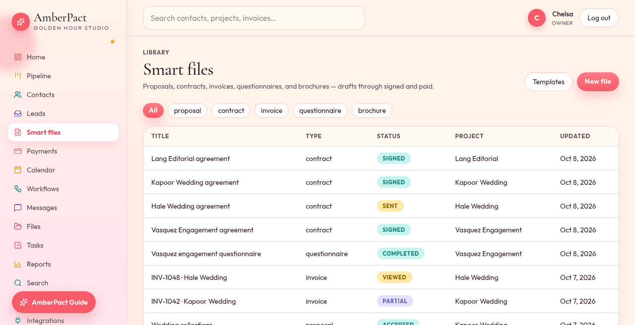 AmberPact proposal with packages a client can accept in the portal